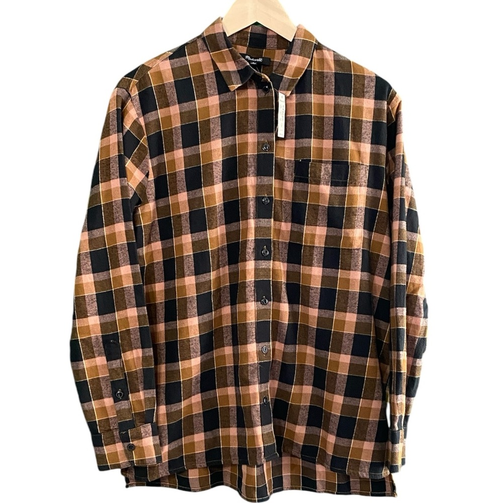 NWT Madewell Brown Black Plaid Lightweight Flannel Button Down Up Shirt